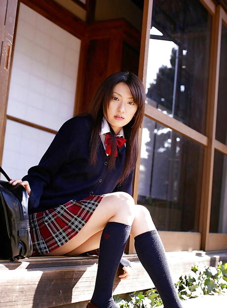 Excellent japanese babe Misa Shinozaki in sexy undies exposing her ass and playing with dildo outdoor